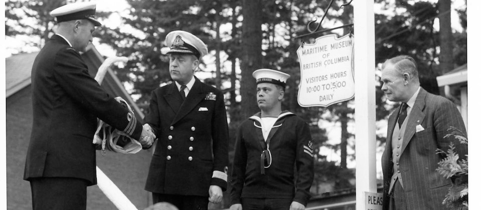 Archival photo from the flag ceremony for the first Maritime Museum of BC location